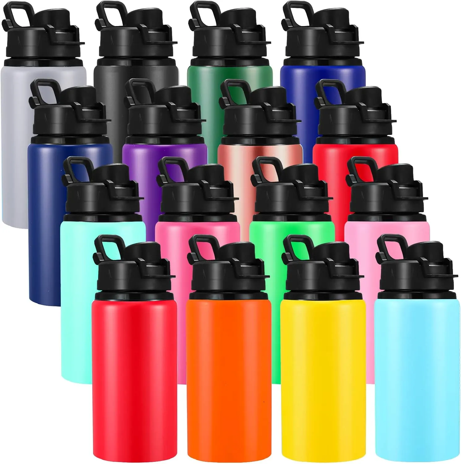 Sunnyray 16 Pcs Aluminum Water Bottle Bulk Multicolor Reusable Sports Bottle with Snap Lids Multipack Vacuum Water Flask for Travel Camping, Picnics, Gym, Hiking, Cycling, Fishing