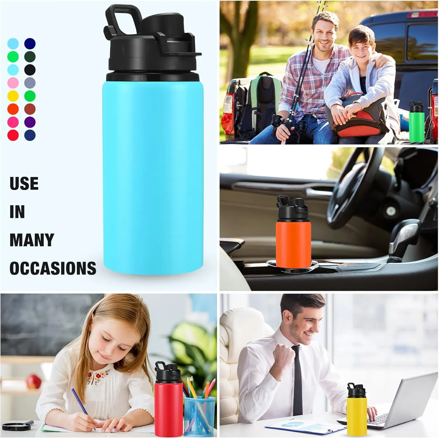 Sunnyray 16 Pcs Aluminum Water Bottle Bulk Multicolor Reusable Sports Bottle with Snap Lids Multipack Vacuum Water Flask for Travel Camping, Picnics, Gym, Hiking, Cycling, Fishing