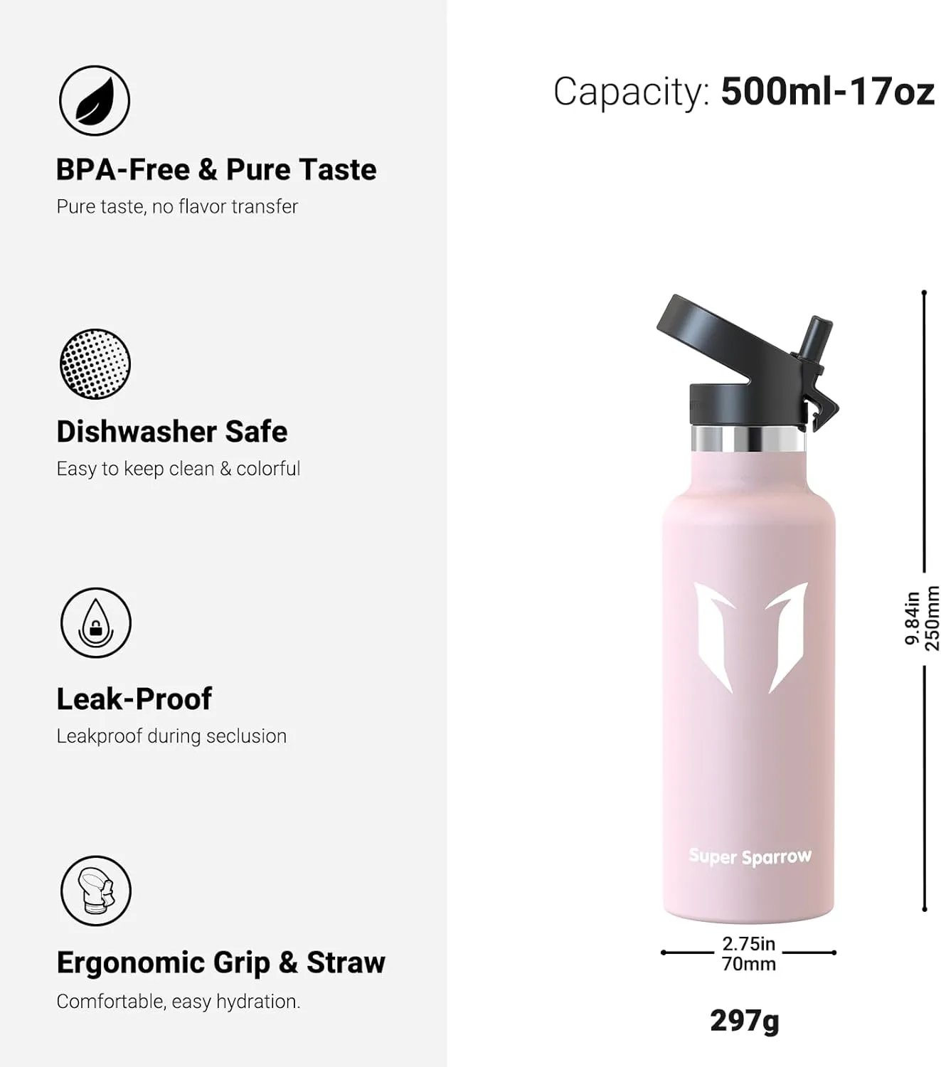 Super Sparrow Water Bottle Insulated - 17 Oz / 25 Oz / 32 Oz - Standard Mouth FlipFlow Flask - BPA Free, Leak Proof Drink Bottle- Ergonomic Straw Water Bottle for Work, Gym, Travel, Sports, Outdoor