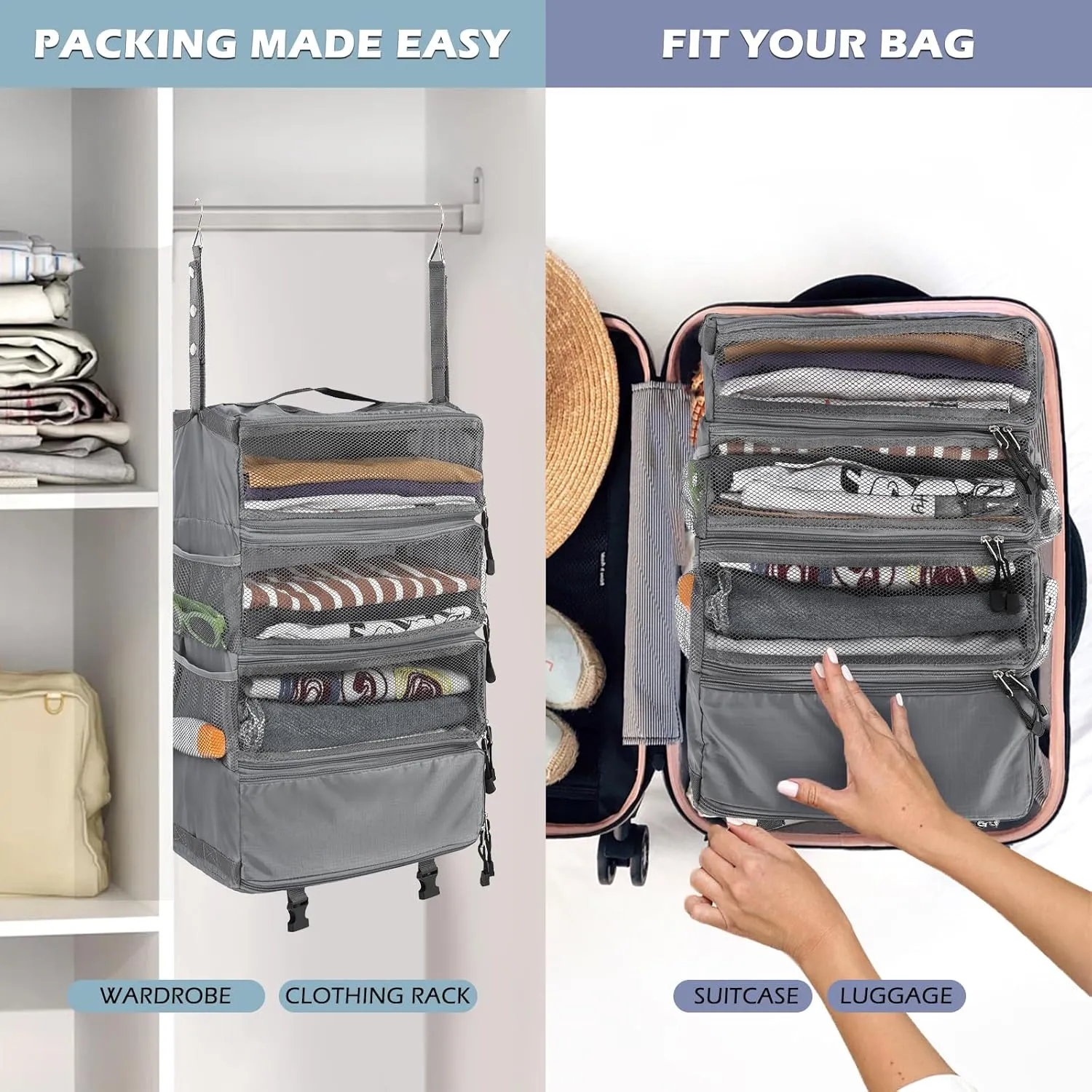 Surblue Travel Hanging Luggage Organizer Portable Suitcase Closet Organizer Multiple Compartments Collapsible Compression Packing Cubes Shelf, LightGray, M