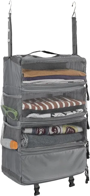 Surblue Travel Hanging Luggage Organizer Portable Suitcase Closet Organizer Multiple Compartments Collapsible Compression Packing Cubes Shelf, LightGray, M
