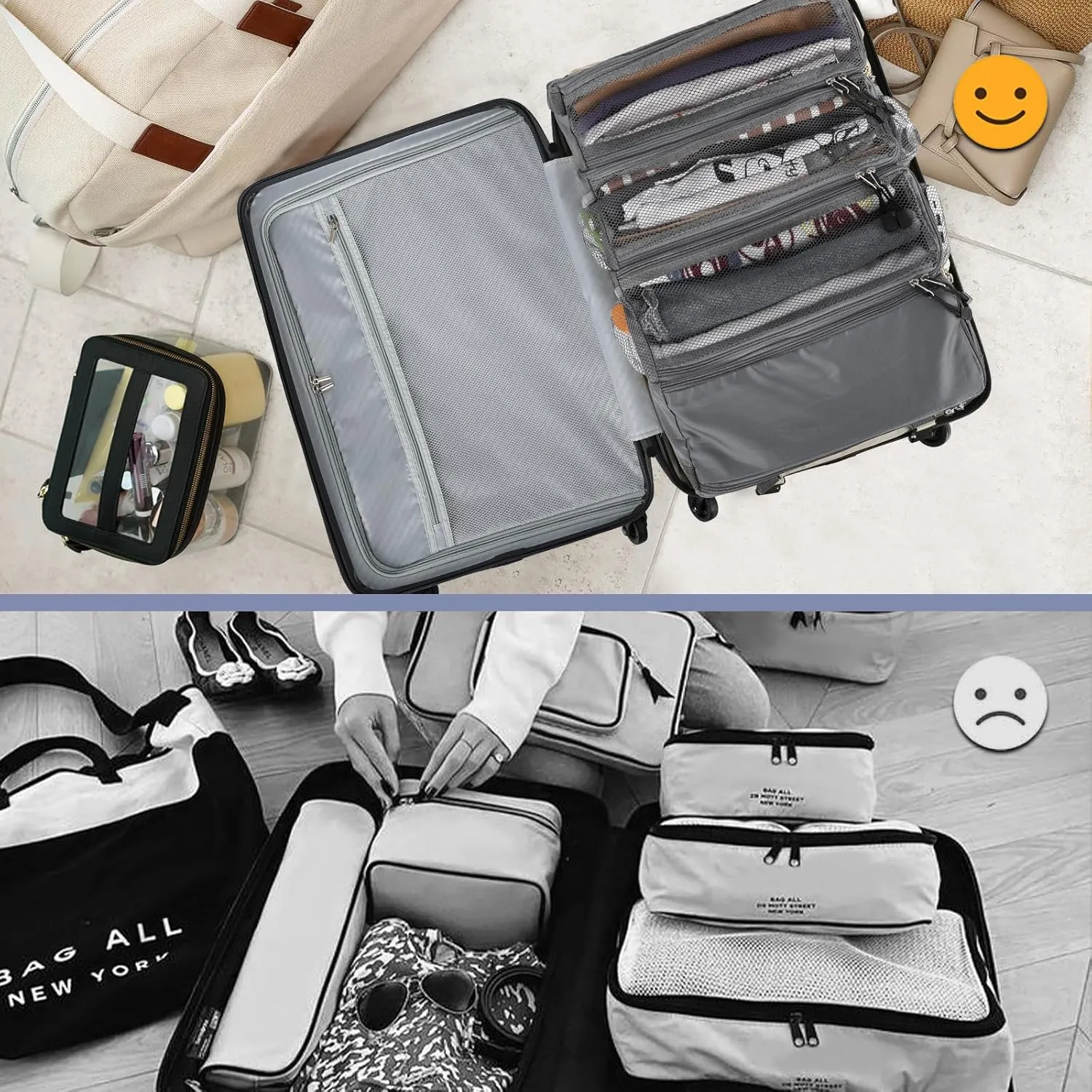 Surblue Travel Hanging Luggage Organizer Portable Suitcase Closet Organizer Multiple Compartments Collapsible Compression Packing Cubes Shelf, LightGray, M
