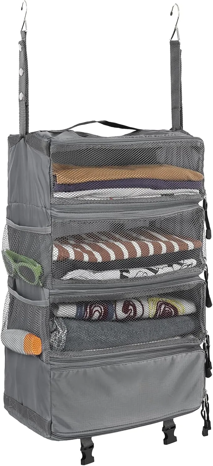 Surblue Travel Hanging Luggage Organizer Portable Suitcase Closet Organizer Multiple Compartments Collapsible Compression Packing Cubes Shelf, LightGray, M