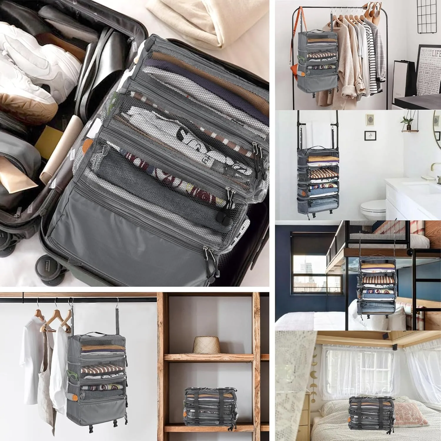 Surblue Travel Hanging Luggage Organizer Portable Suitcase Closet Organizer Multiple Compartments Collapsible Compression Packing Cubes Shelf, LightGray, M