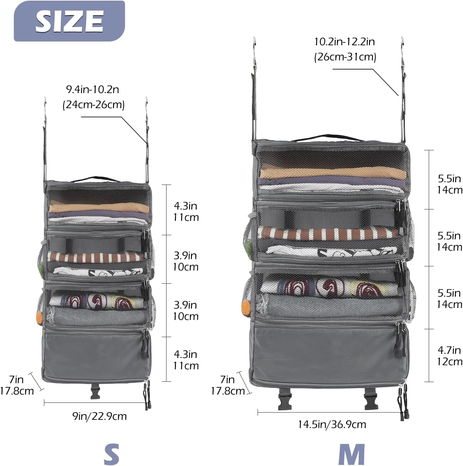 Surblue Travel Hanging Luggage Organizer Portable Suitcase Closet Organizer Multiple Compartments Collapsible Compression Packing Cubes Shelf, LightGray, M
