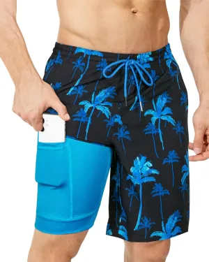SURF CUZ 9" Mens Swim Trunks with Compression Liner Swimming Shorts 2 in 1 Stretch Quick Dry Zipper Pockets