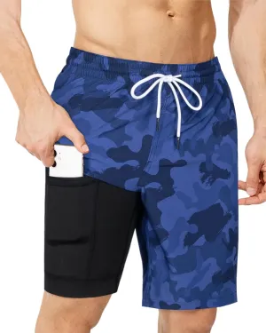 SURF CUZ 9" Mens Swim Trunks with Compression Liner Swimming Shorts 2 in 1 Stretch Quick Dry Zipper Pockets