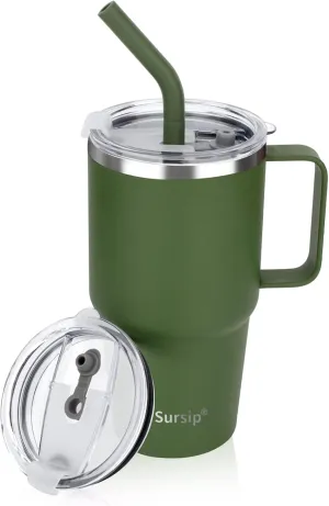 Sursip 24 oz Insulated Cup with Handle, Double Wall Vacuum Stainless Steel Tumbler with Straw and 2 Lids, For Cold/Hot Drinks, Coffee Travel Mug for Car/Home/Office/Party/Camping (Olive Green-1 Pack)