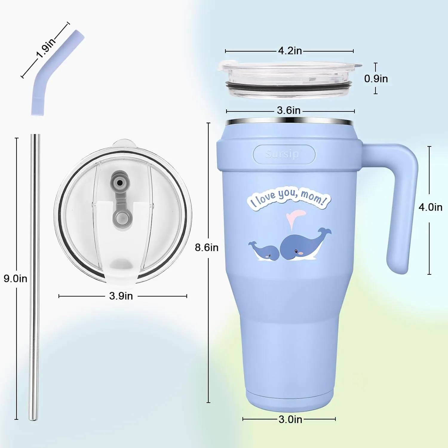 Sursip 40 oz Insulated Tumbler with Handle and Straw-Stainless Steel Vacuum Insulated Mug,Gifts for Women Men Him Her,Iced Tea or Coffee,Drinks Cold up to 24 Hours,Fit Car Holder(Blue-Whale)