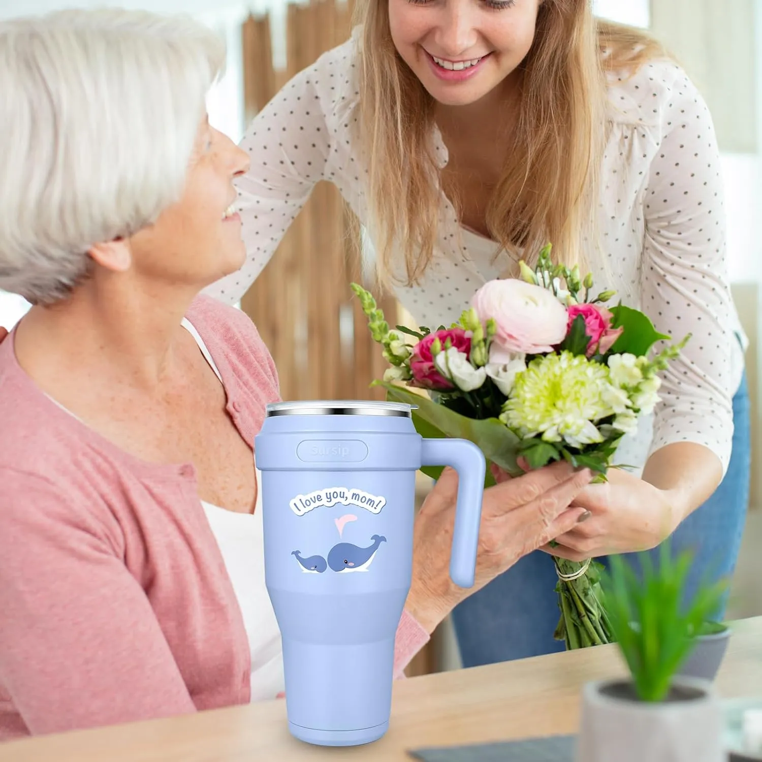 Sursip 40 oz Insulated Tumbler with Handle and Straw-Stainless Steel Vacuum Insulated Mug,Gifts for Women Men Him Her,Iced Tea or Coffee,Drinks Cold up to 24 Hours,Fit Car Holder(Blue-Whale)