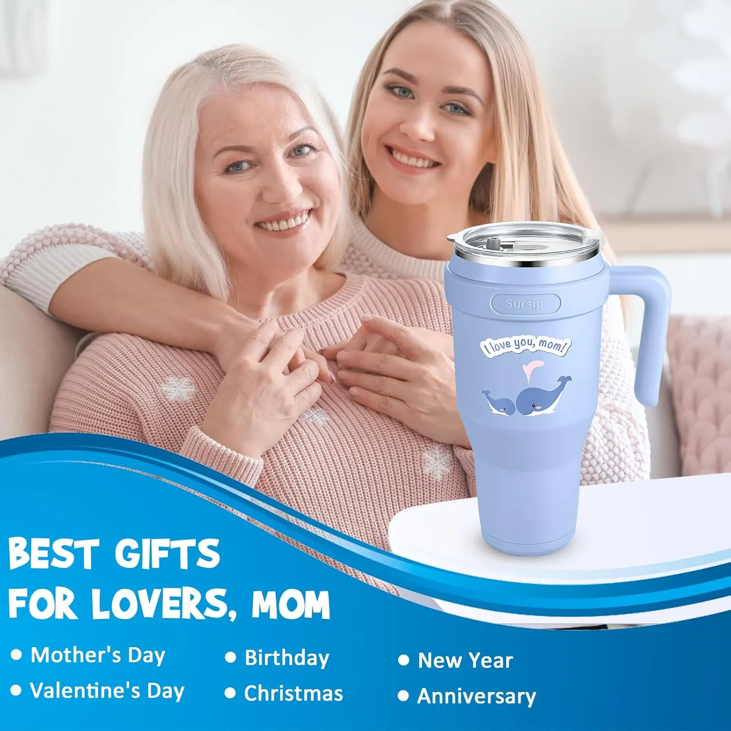 Sursip 40 oz Insulated Tumbler with Handle and Straw-Stainless Steel Vacuum Insulated Mug,Gifts for Women Men Him Her,Iced Tea or Coffee,Drinks Cold up to 24 Hours,Fit Car Holder(Blue-Whale)