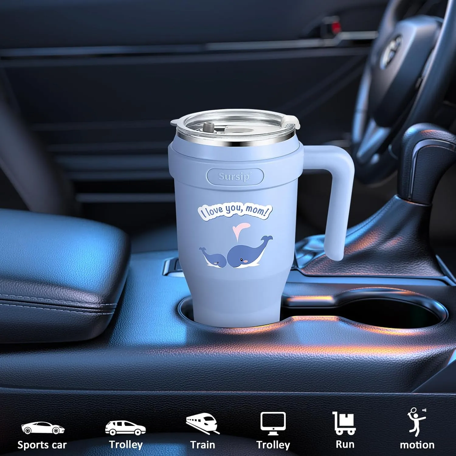Sursip 40 oz Insulated Tumbler with Handle and Straw-Stainless Steel Vacuum Insulated Mug,Gifts for Women Men Him Her,Iced Tea or Coffee,Drinks Cold up to 24 Hours,Fit Car Holder(Blue-Whale)