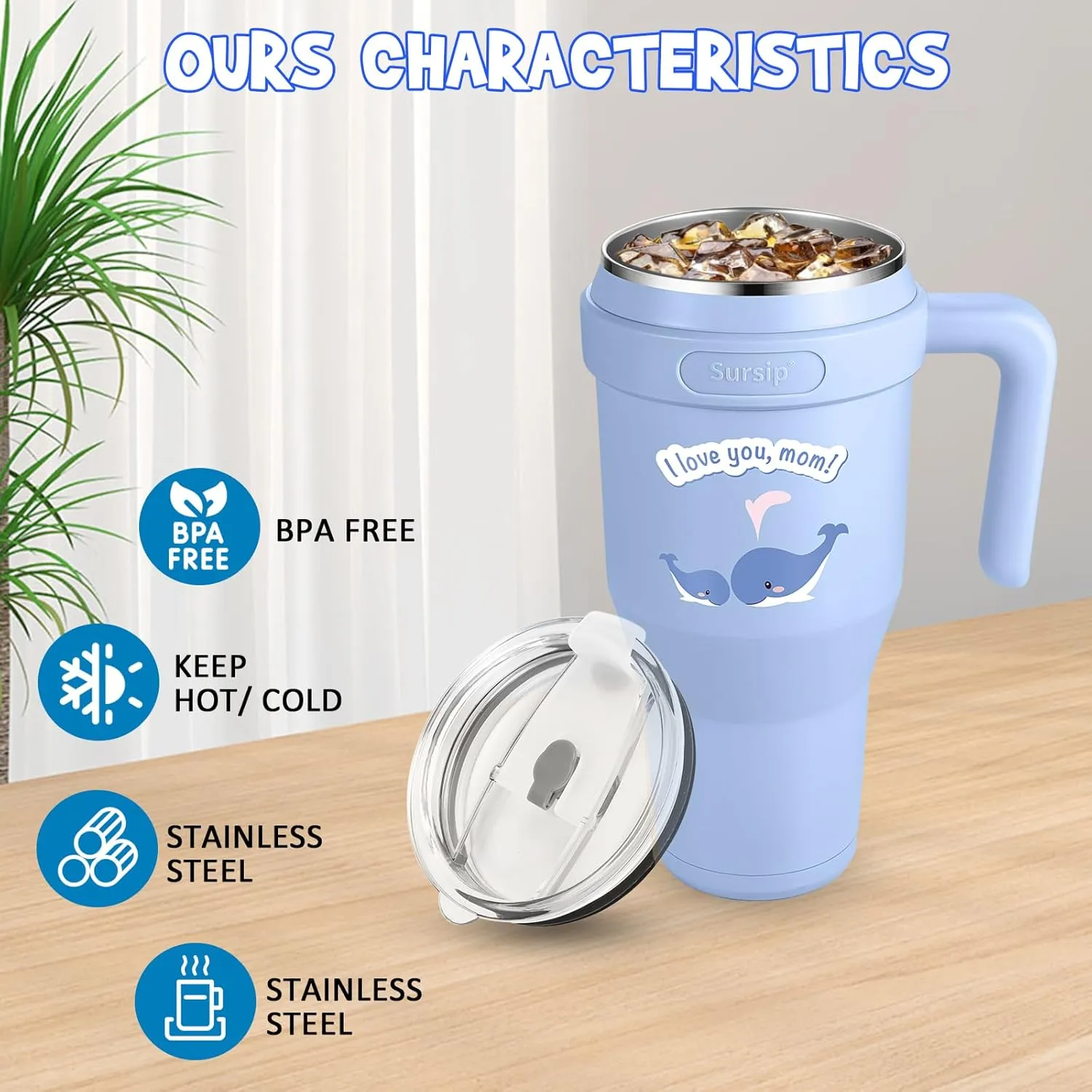 Sursip 40 oz Insulated Tumbler with Handle and Straw-Stainless Steel Vacuum Insulated Mug,Gifts for Women Men Him Her,Iced Tea or Coffee,Drinks Cold up to 24 Hours,Fit Car Holder(Blue-Whale)