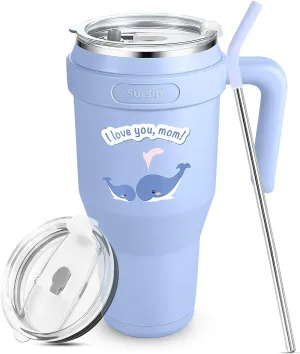 Sursip 40 oz Insulated Tumbler with Handle and Straw-Stainless Steel Vacuum Insulated Mug,Gifts for Women Men Him Her,Iced Tea or Coffee,Drinks Cold up to 24 Hours,Fit Car Holder(Blue-Whale)