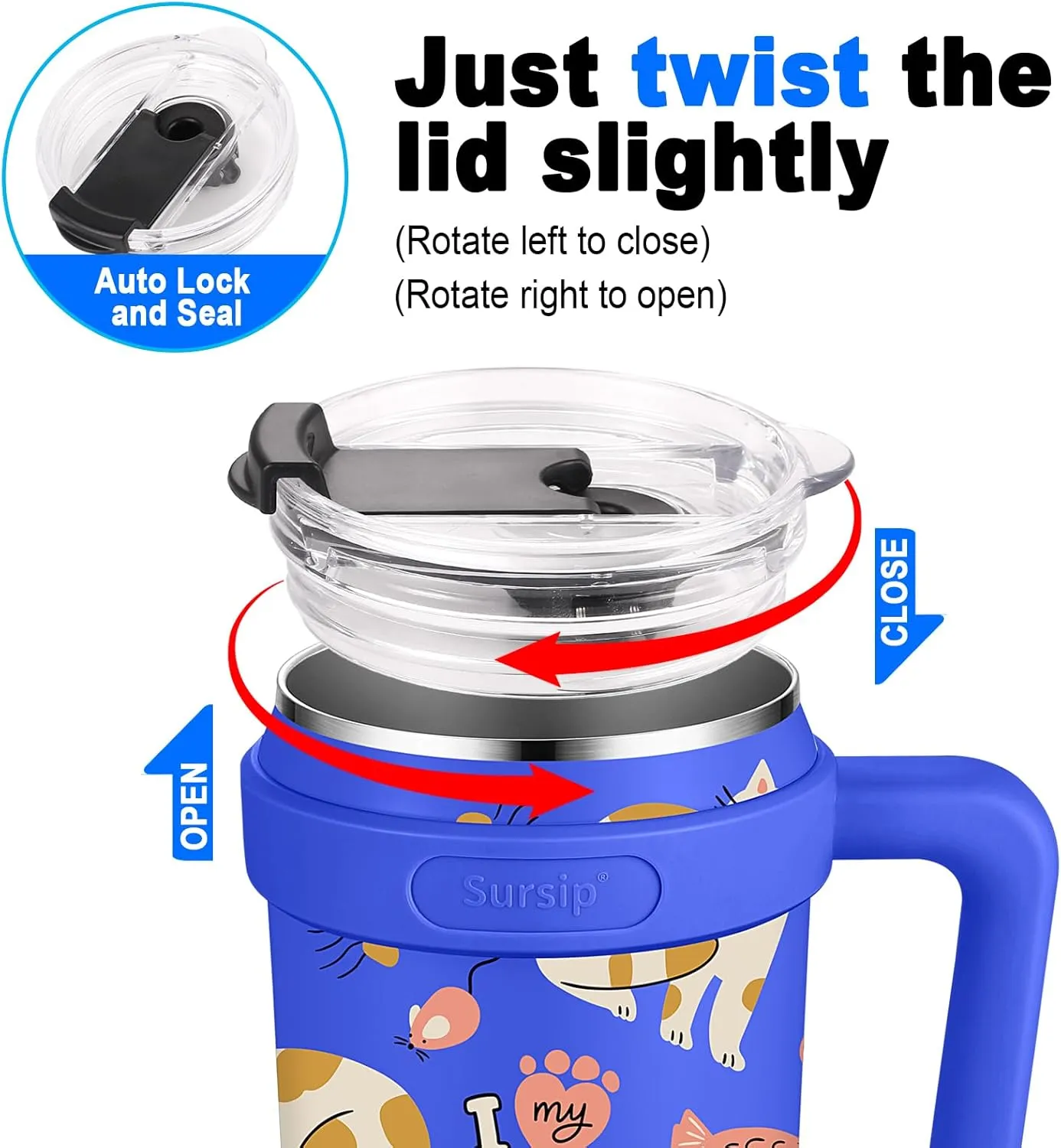 Sursip 40 oz Insulated Tumbler with Screw Lid - Stainless Steel Vacuum Cup with Straw and Handle, For Cold/Hot Drinks - Sweat/Leak Proof, Fits Cup Holder, Ideal Gifts for Women/Men (Blue Cat)
