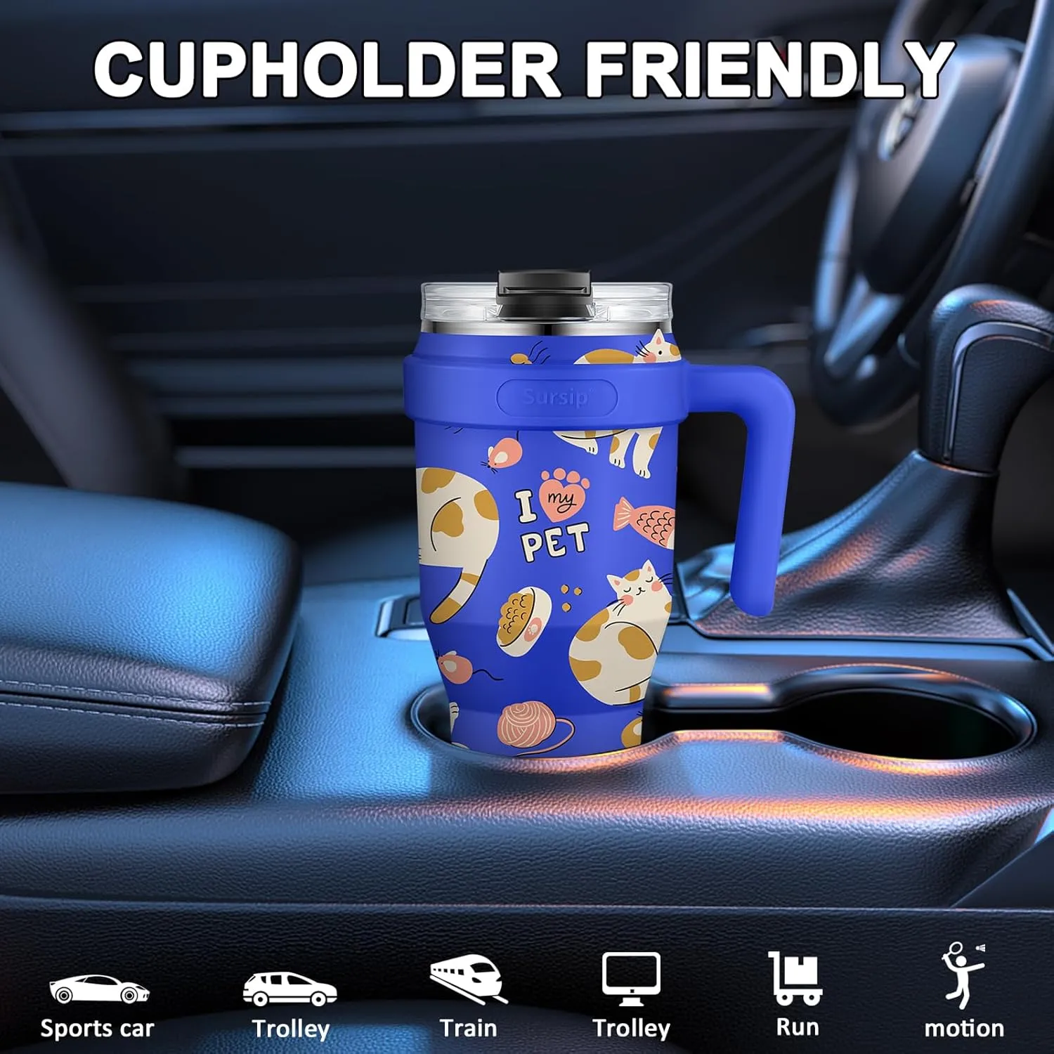 Sursip 40 oz Insulated Tumbler with Screw Lid - Stainless Steel Vacuum Cup with Straw and Handle, For Cold/Hot Drinks - Sweat/Leak Proof, Fits Cup Holder, Ideal Gifts for Women/Men (Blue Cat)