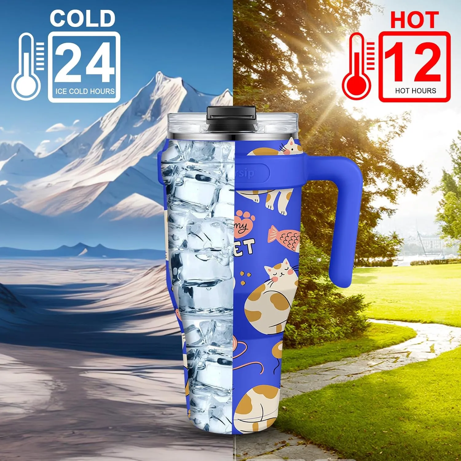 Sursip 40 oz Insulated Tumbler with Screw Lid - Stainless Steel Vacuum Cup with Straw and Handle, For Cold/Hot Drinks - Sweat/Leak Proof, Fits Cup Holder, Ideal Gifts for Women/Men (Blue Cat)