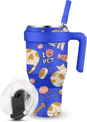 Sursip 40 oz Insulated Tumbler with Screw Lid - Stainless Steel Vacuum Cup with Straw and Handle, For Cold/Hot Drinks - Sweat/Leak Proof, Fits Cup Holder, Ideal Gifts for Women/Men (Blue Cat)