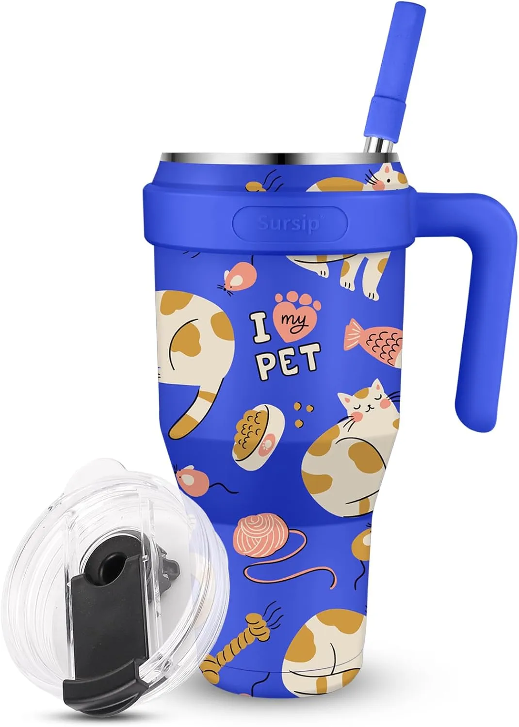 Sursip 40 oz Insulated Tumbler with Screw Lid - Stainless Steel Vacuum Cup with Straw and Handle, For Cold/Hot Drinks - Sweat/Leak Proof, Fits Cup Holder, Ideal Gifts for Women/Men (Blue Cat)