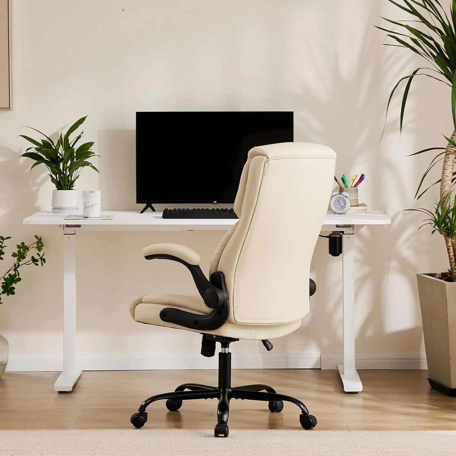 Sweetcrispy Computer Gaming Chair, Ergonomic High Back Heavy Duty Task Desk Office Chairs with Wheels, Flip-up Arms, Adjustable Height, PU Leather, Cream
