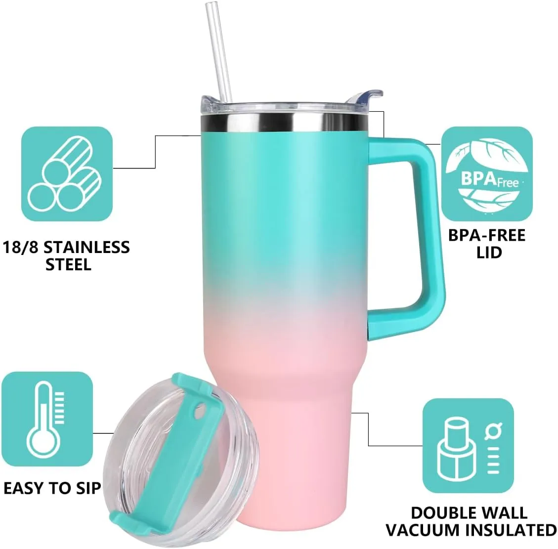 SYACOT 40 oz Tumbler with Handle and Straw Stainless Steel Insulated Tumbler Leak Proof Lid and Straw Lid Reusable Travel Mug Coffee Mug Cup Dishwasher Safe Keep Drinks Cold and Hot (Bubble Gum)