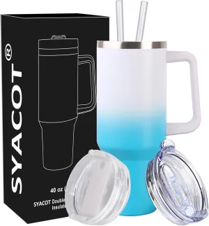 SYACOT 40 oz Tumbler with Handle and Straw Stainless Steel Insulated Tumbler Leak Proof Lid and Straw Lid Reusable Travel Mug Coffee Mug Cup Dishwasher Safe Keep Drinks Cold and Hot (White Blue)