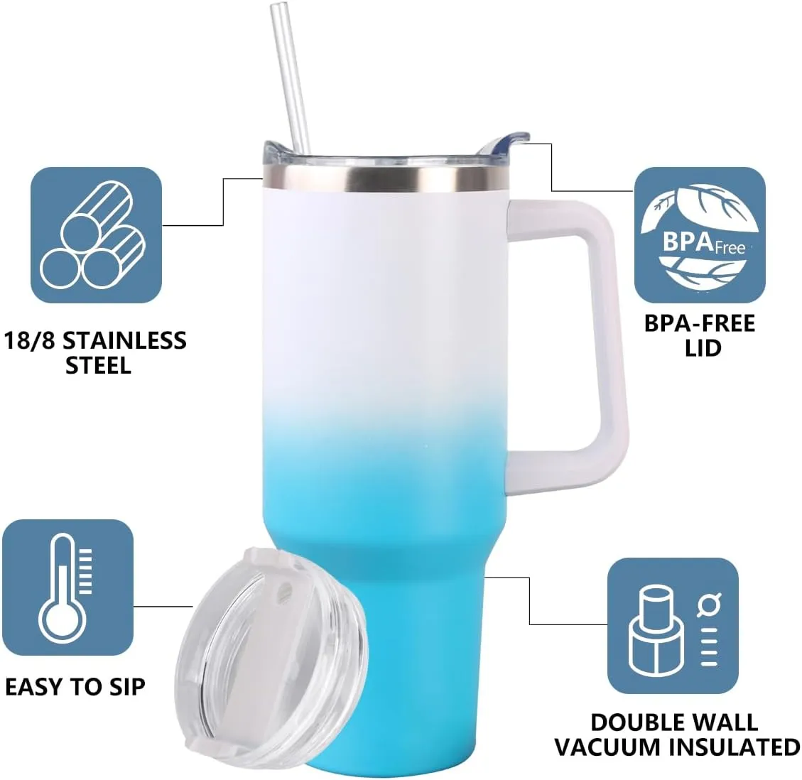SYACOT 40 oz Tumbler with Handle and Straw Stainless Steel Insulated Tumbler Leak Proof Lid and Straw Lid Reusable Travel Mug Coffee Mug Cup Dishwasher Safe Keep Drinks Cold and Hot (White Blue)