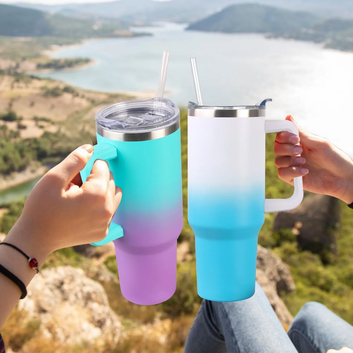 SYACOT 40 oz Tumbler with Handle and Straw Stainless Steel Insulated Tumbler Leak Proof Lid and Straw Lid Reusable Travel Mug Coffee Mug Cup Dishwasher Safe Keep Drinks Cold and Hot (White Blue)