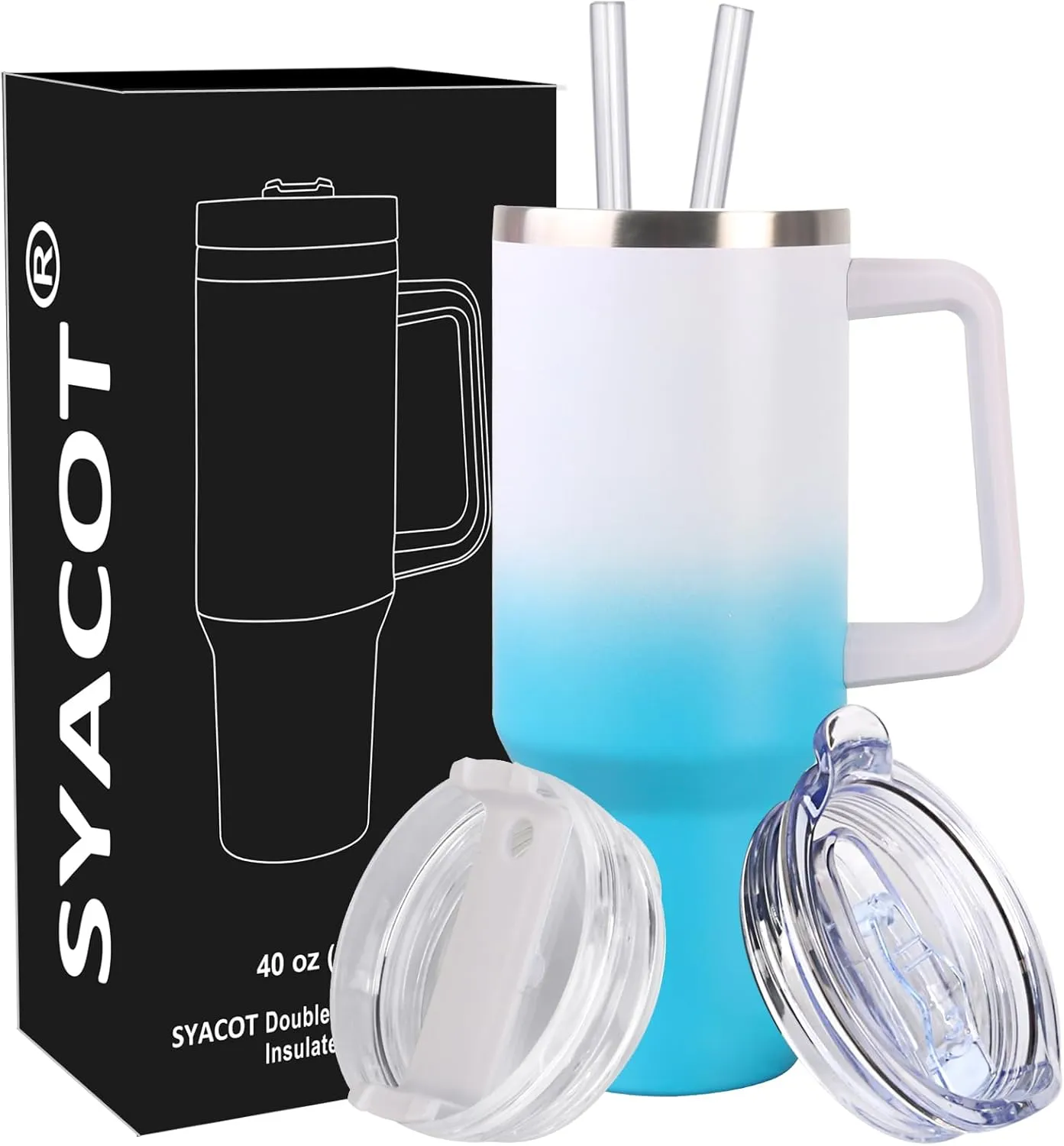 SYACOT 40 oz Tumbler with Handle and Straw Stainless Steel Insulated Tumbler Leak Proof Lid and Straw Lid Reusable Travel Mug Coffee Mug Cup Dishwasher Safe Keep Drinks Cold and Hot (White Blue)