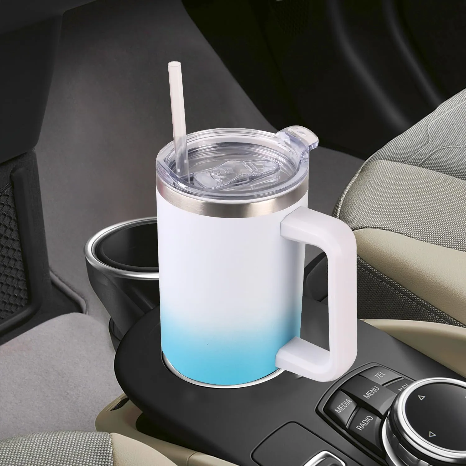SYACOT 40 oz Tumbler with Handle and Straw Stainless Steel Insulated Tumbler Leak Proof Lid and Straw Lid Reusable Travel Mug Coffee Mug Cup Dishwasher Safe Keep Drinks Cold and Hot (White Blue)