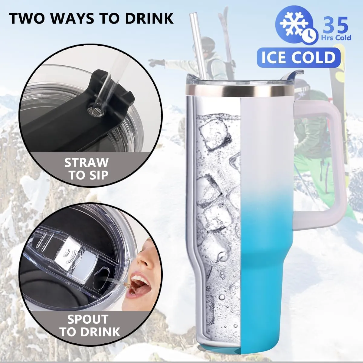 SYACOT 40 oz Tumbler with Handle and Straw Stainless Steel Insulated Tumbler Leak Proof Lid and Straw Lid Reusable Travel Mug Coffee Mug Cup Dishwasher Safe Keep Drinks Cold and Hot (White Blue)
