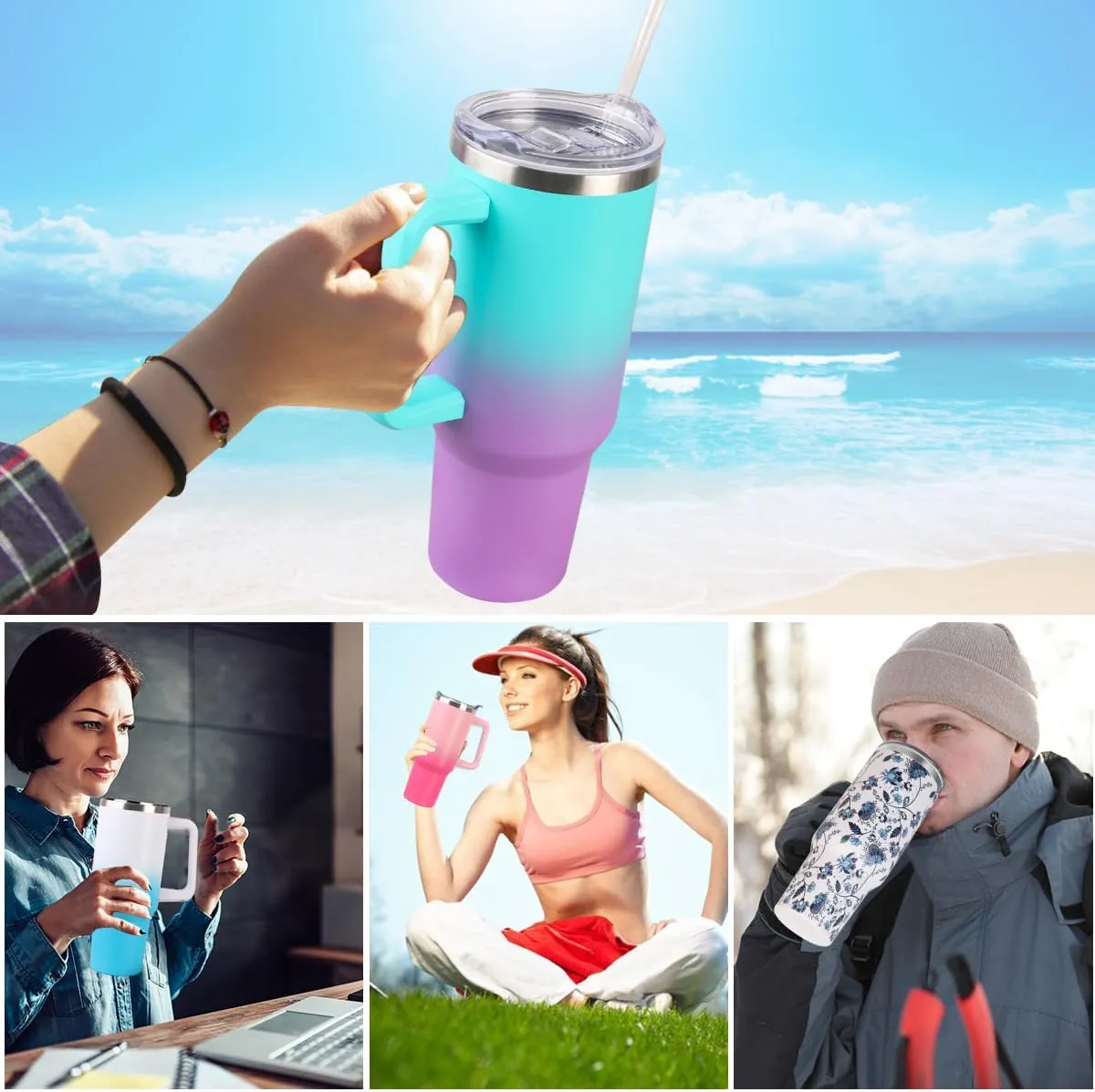SYACOT 40 oz Tumbler with Handle and Straw Stainless Steel Insulated Tumbler Leak Proof Lid and Straw Lid Reusable Travel Mug Coffee Mug Cup Dishwasher Safe Keep Drinks Cold and Hot (White Blue)