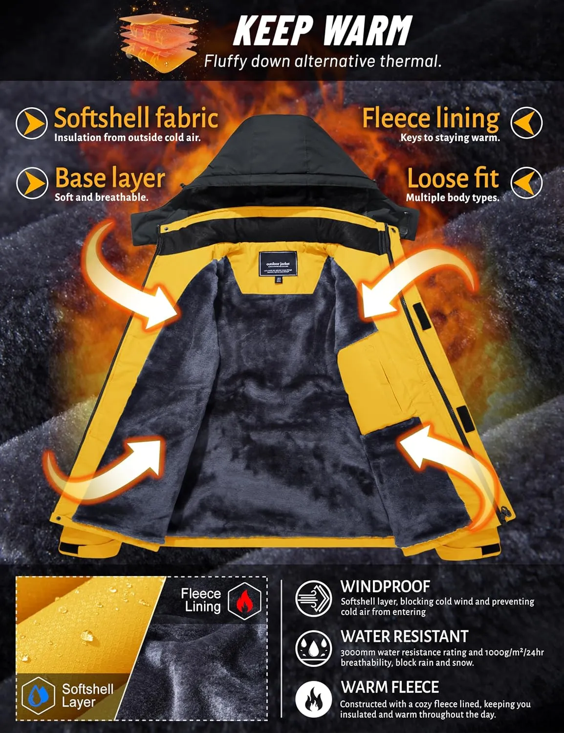 TACVASEN Men's Winter Skiing Jackets Water Resistant Fleece Coats Insulated Thermal Snowboard Jacket Parka Raincoat with Hood
