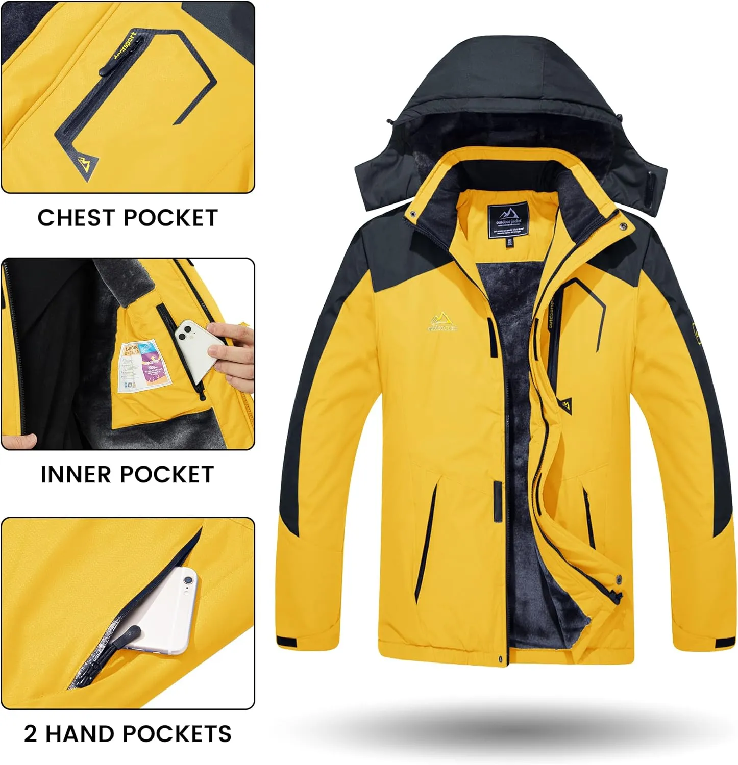 TACVASEN Men's Winter Skiing Jackets Water Resistant Fleece Coats Insulated Thermal Snowboard Jacket Parka Raincoat with Hood