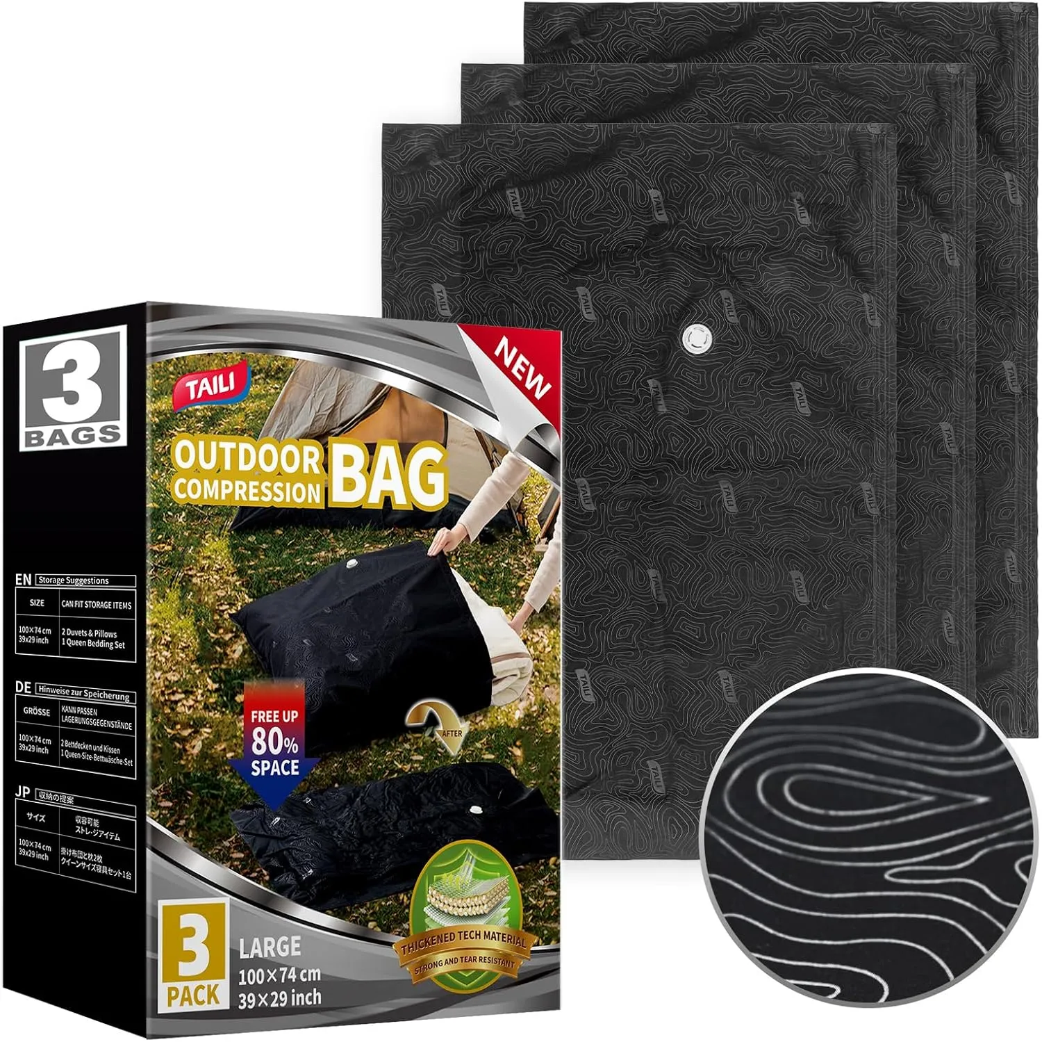TAILI Outdoor Vacuum Storage Bags 3 Pack, Travel Compression Bags (39x29 inch), Tear-Proof Vacuum Seal for Camping, Cushion, Clothing, Waterproof, Wearproof, Punctureproof