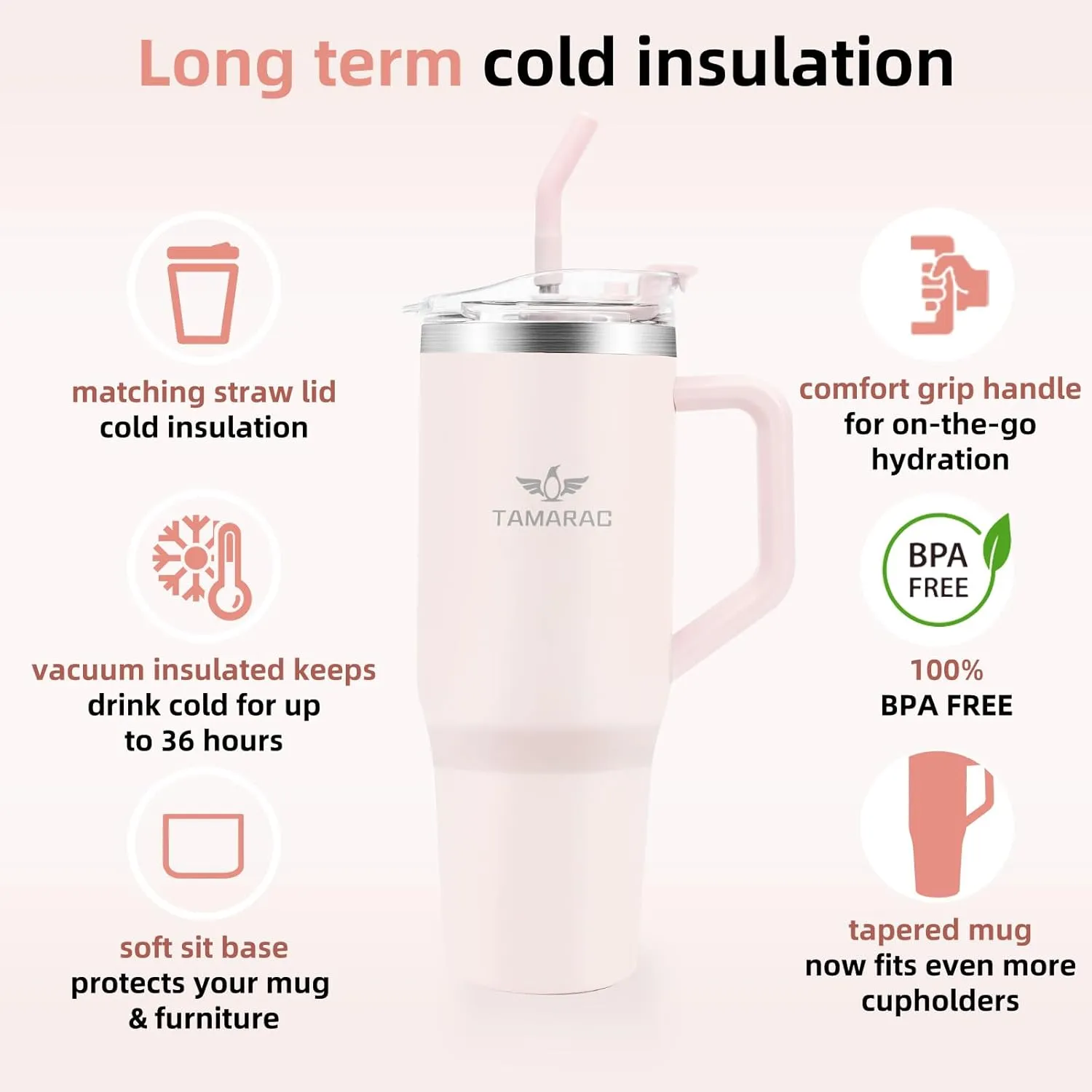 Tamarac 40 oz Tumbler With Handle and Straw Lid Double Wall Vacuum Reusable Stainless Steel Insulated Water Bottle Travel Mug Cup Gifts for Women Men Keeps Cold for 34 Hours or Hot for 12 Hour