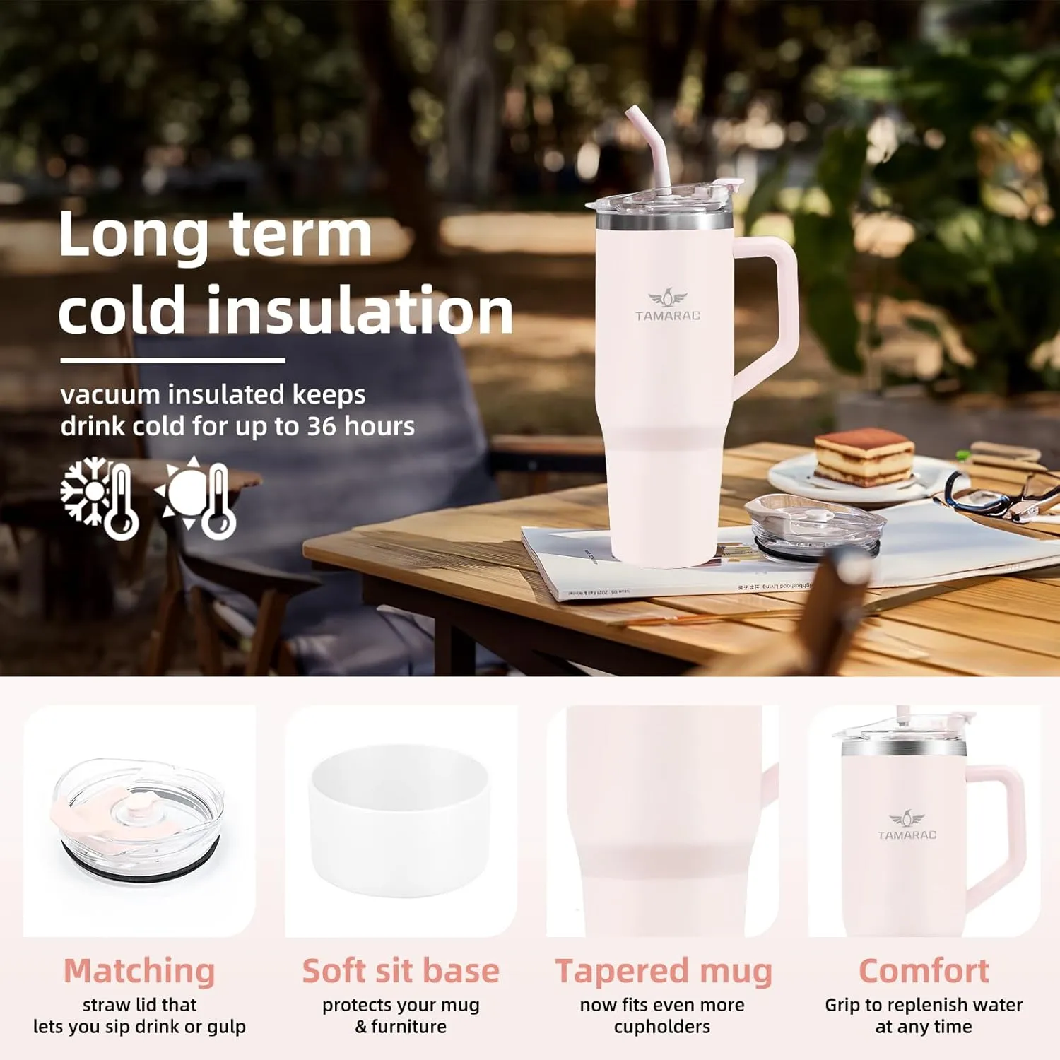 Tamarac 40 oz Tumbler With Handle and Straw Lid Double Wall Vacuum Reusable Stainless Steel Insulated Water Bottle Travel Mug Cup Gifts for Women Men Keeps Cold for 34 Hours or Hot for 12 Hour
