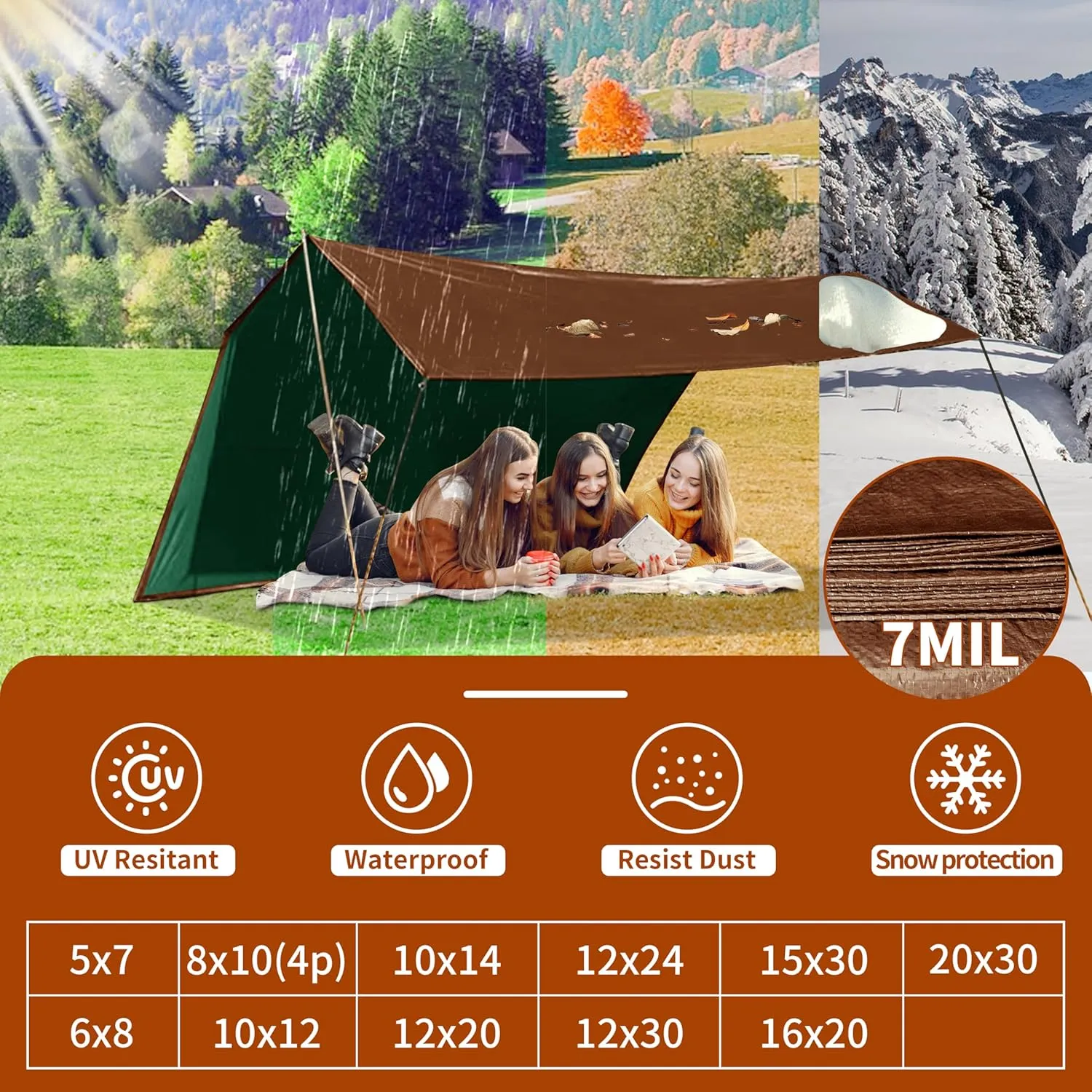 Tarp 20x30 ft 100% Waterproof 7mil Durable Grommets and Reinforced Edges,Uv Resistant,Green/Brown Tarp,Emergency Rain Shelter,Outdoor Cover and Camping Use -by MVPNET