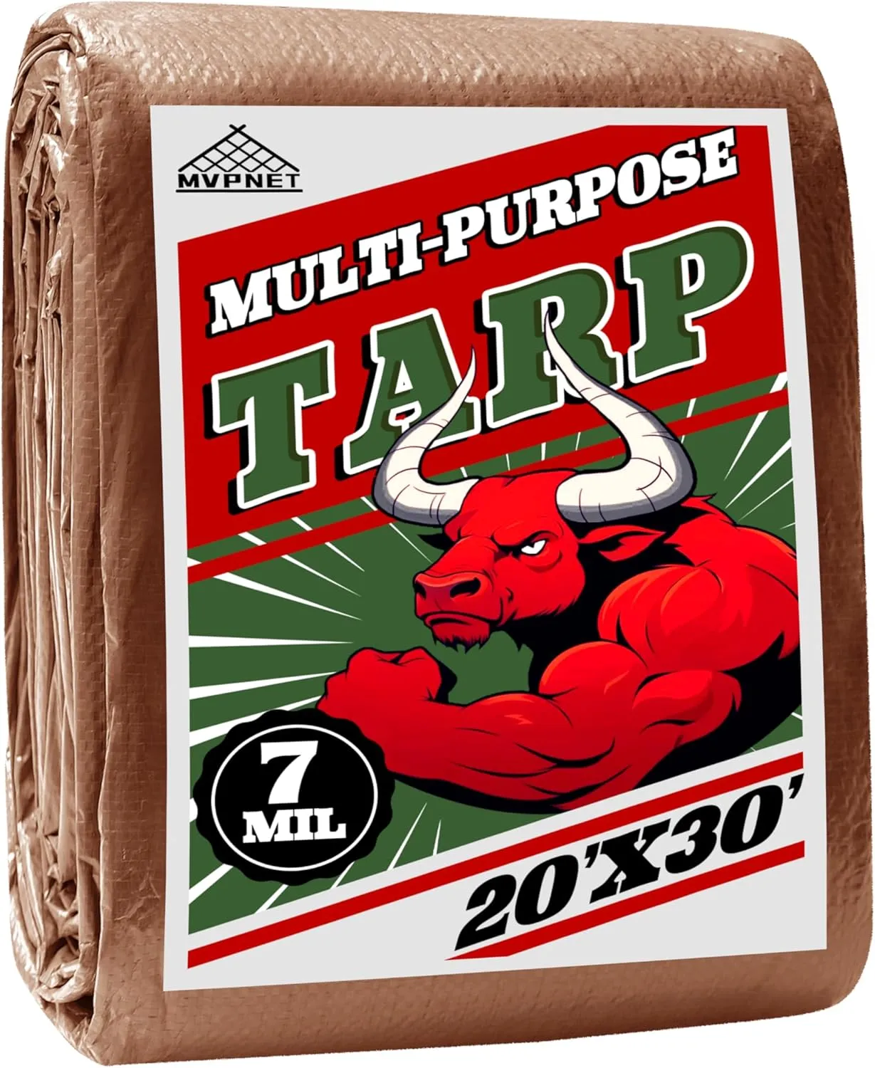 Tarp 20x30 ft 100% Waterproof 7mil Durable Grommets and Reinforced Edges,Uv Resistant,Green/Brown Tarp,Emergency Rain Shelter,Outdoor Cover and Camping Use -by MVPNET