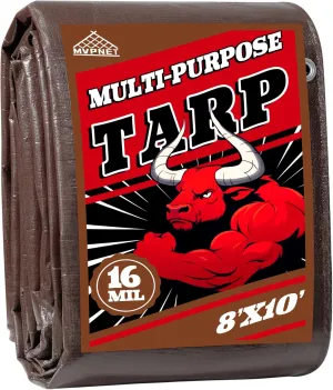 Tarp 8x10 ft Super Heavy Duty 16mil 100% Waterproof,Uv Resistant,High Durability Multipurpose Brown Tarp Suitable for Courtyards, Cars, Camping, Gardens, Pet Nests -by MVPNET