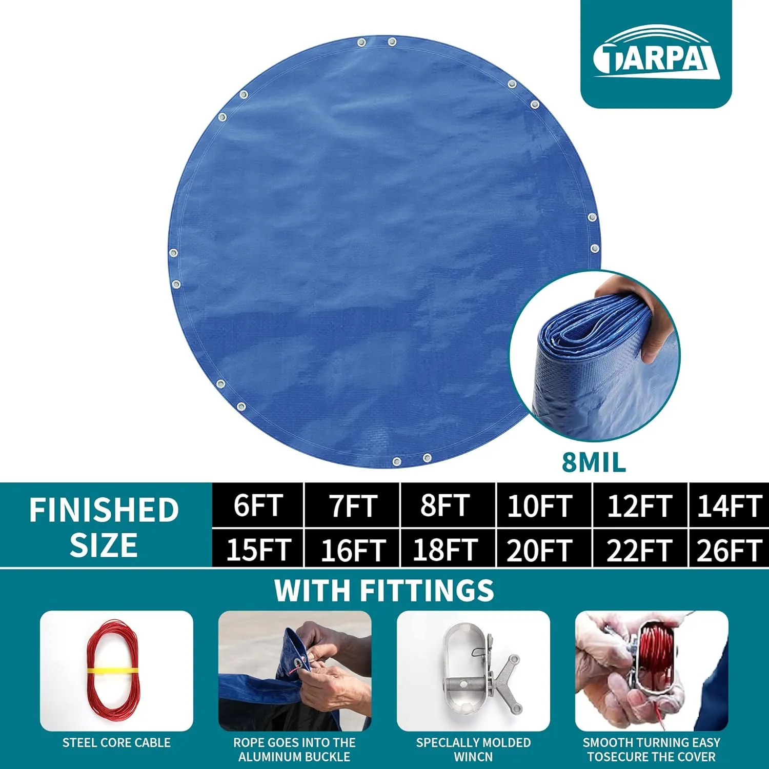 TARPAL 16ft Round tarp Waterproof 8mil Poly Tarps Pool Cover Multifunctional Tarpaulin Pool Covers for Above Ground Pools Dust and UV Resistance .（Blue/Black）