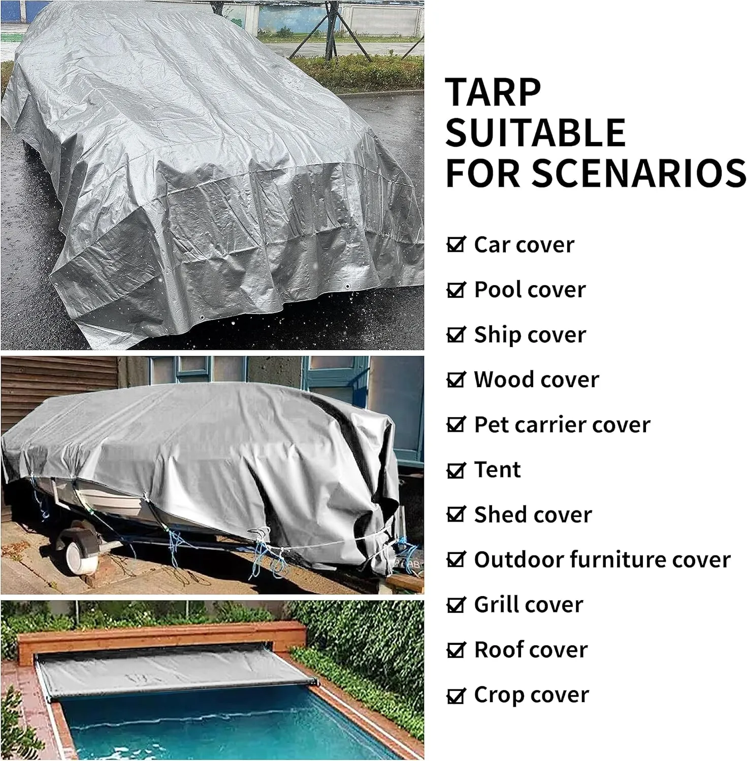 TARPAL 8x10 Feet Tarp Silver 10.5Mil (2-Pack) Multipurpose Protective Cover Heavy Duty Tarp Waterproof,Snow or UV Protection, Durable Reinforced Edges