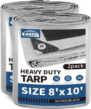 TARPAL 8x10 Feet Tarp Silver 10.5Mil (2-Pack) Multipurpose Protective Cover Heavy Duty Tarp Waterproof,Snow or UV Protection, Durable Reinforced Edges