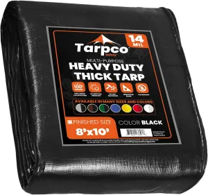Tarpco Safety Extra Heavy Duty 14 Mil Tarp Cover, Waterproof, UV Resistant, Rip and Tear Proof, Poly Tarpaulin with Reinforced Edges for Roof, Camping, Patio, Pool, Boat (Black 8′ X 10′)