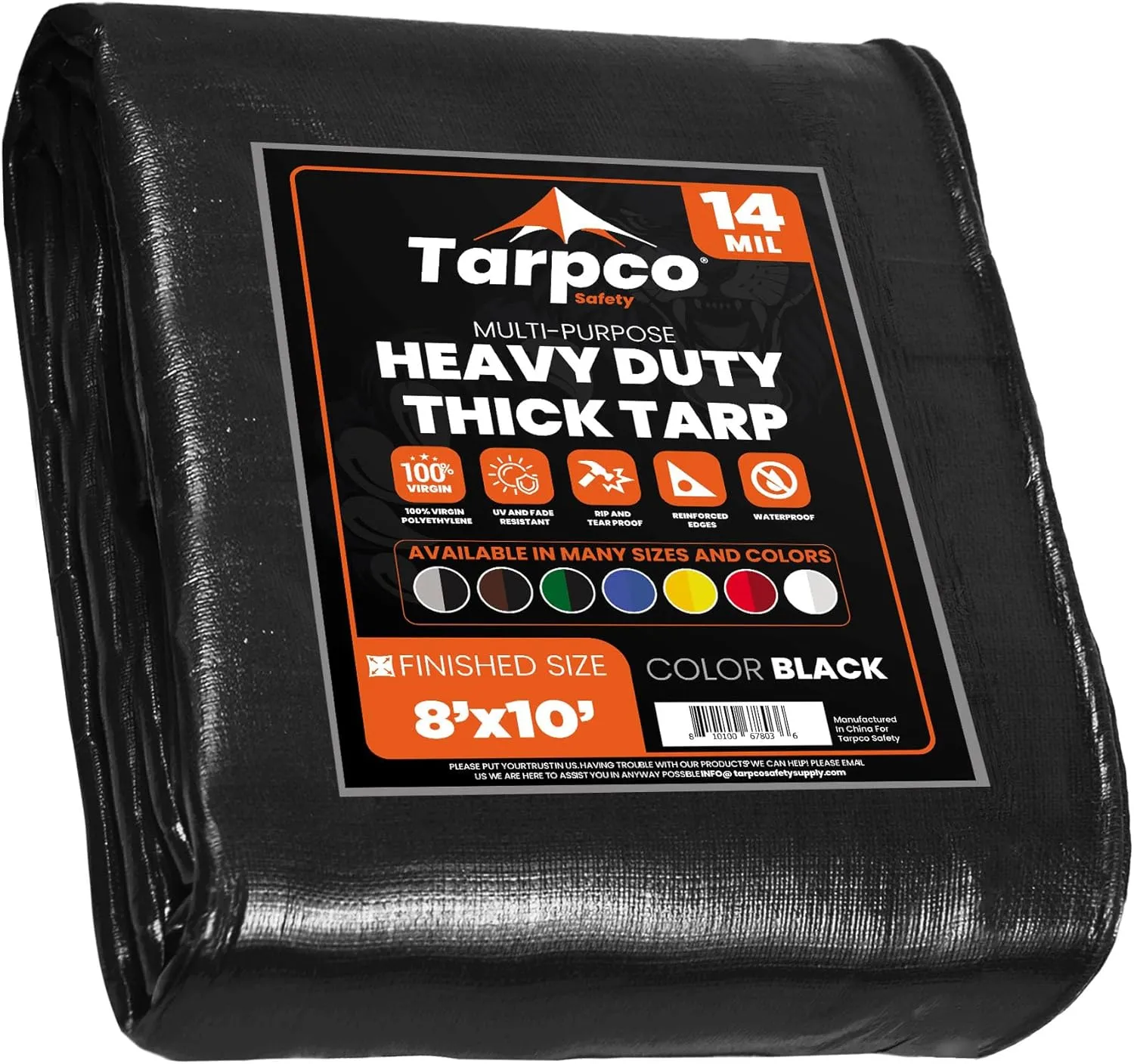 Tarpco Safety Extra Heavy Duty 14 Mil Tarp Cover, Waterproof, UV Resistant, Rip and Tear Proof, Poly Tarpaulin with Reinforced Edges for Roof, Camping, Patio, Pool, Boat (Black 8′ X 10′)
