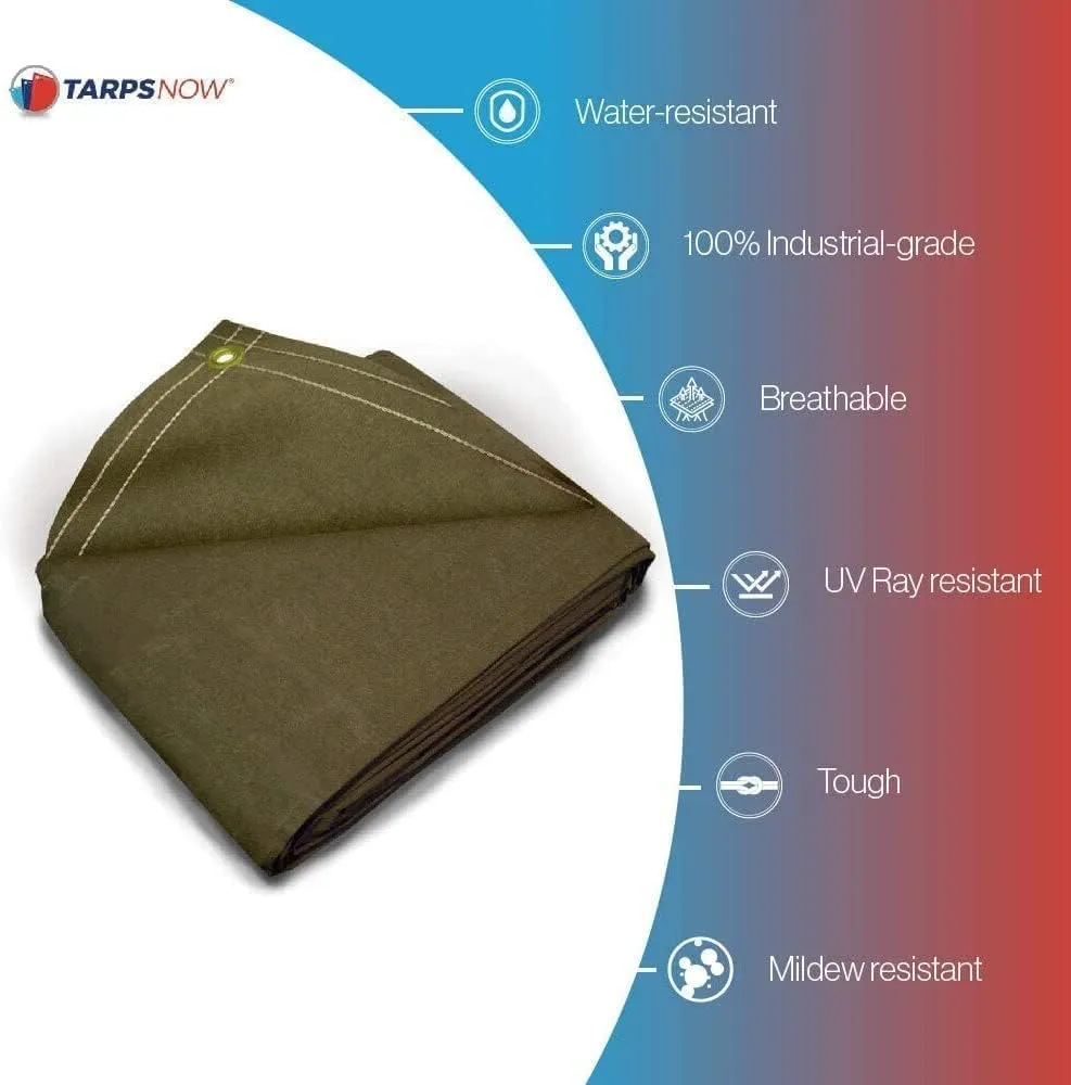 Tarps Now 30x30 ft Heavy Duty Canvas Tarp | 20 MIL Commercial Grade, Tear Resistant, Reinforced Edges, Brass Grommets | Ideal for Construction, Trucking, Manufacturing, Automotive – Olive Color