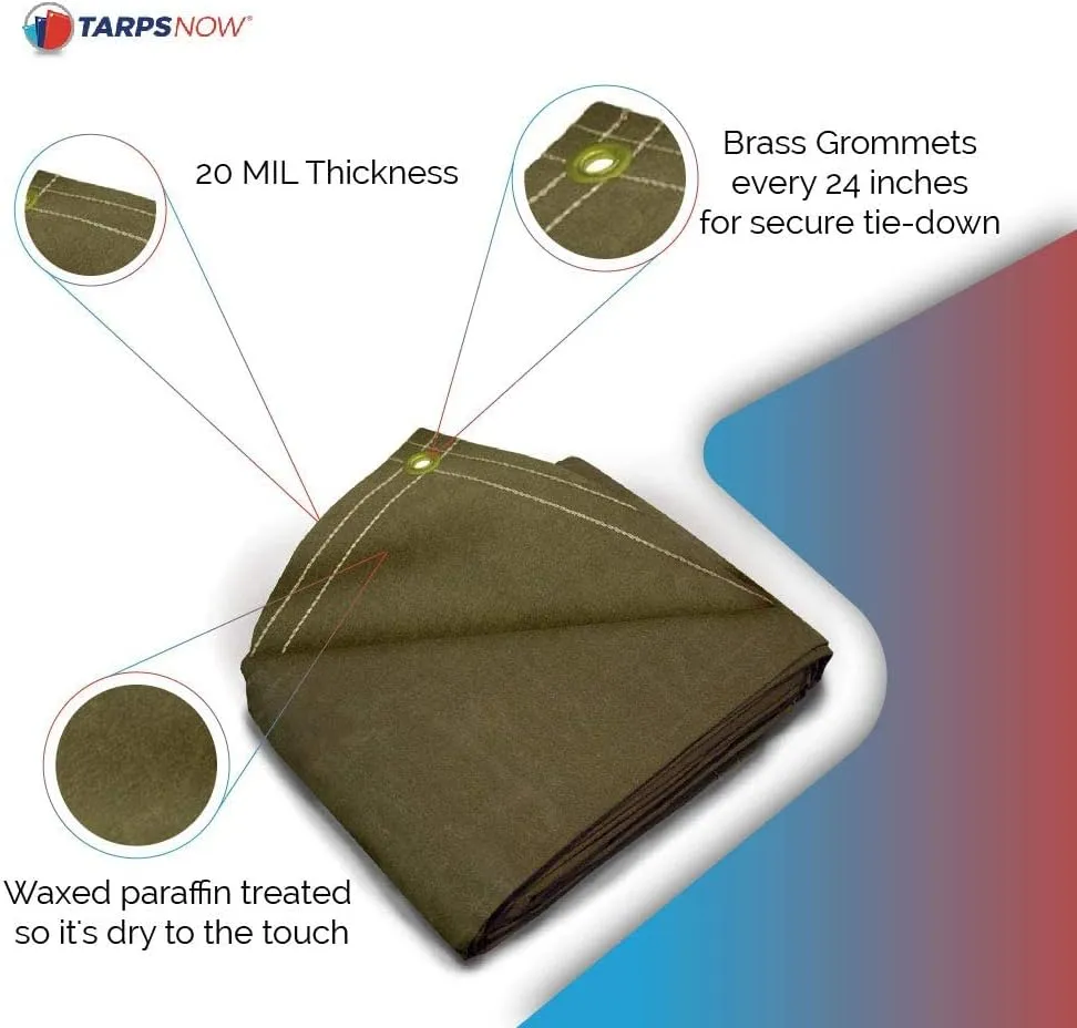 Tarps Now 7x9 ft Heavy Duty Canvas Tarp | 20 MIL Commercial Grade, Tear Resistant, Reinforced Edges, Brass Grommets | Ideal for Construction, Trucking, Manufacturing, Automotive – Olive Color