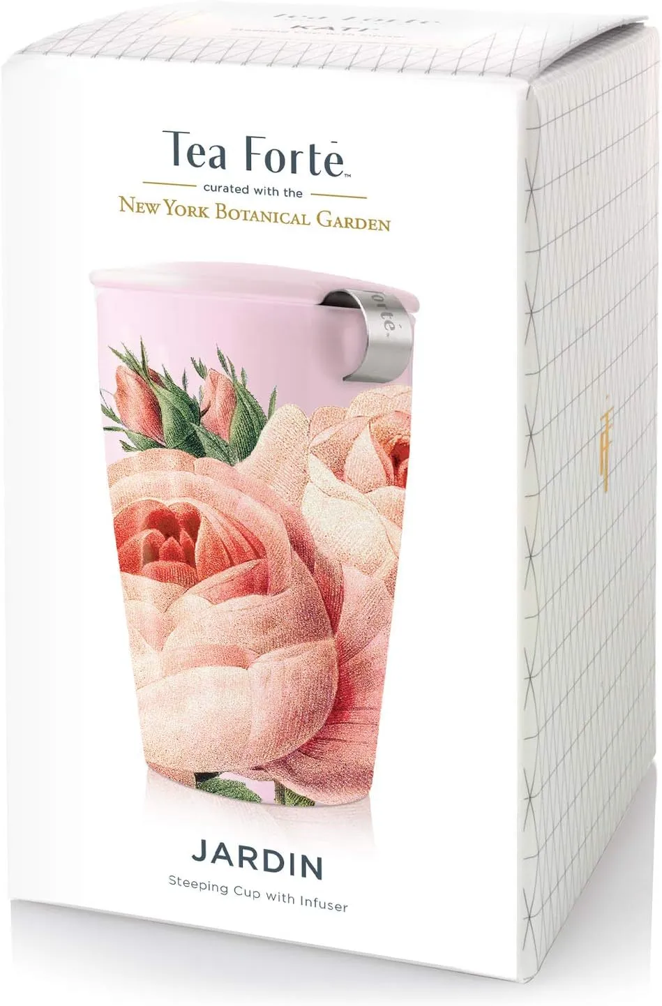 Tea Forte Jardin Double-Walled Ceramic Kati Cup with Removable Stainless Steel Infuser Basket and Lid, Steeps 12 oz Loose Leaf Tea, Lid and Cup Dishwasher & Microwave Safe, Gifts for Mom