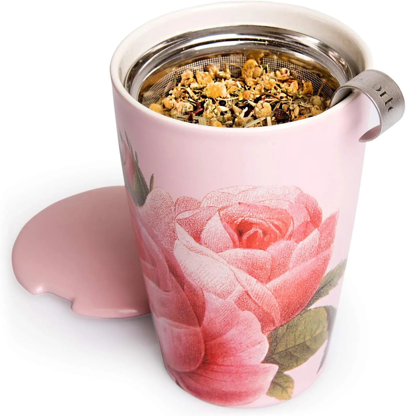 Tea Forte Jardin Double-Walled Ceramic Kati Cup with Removable Stainless Steel Infuser Basket and Lid, Steeps 12 oz Loose Leaf Tea, Lid and Cup Dishwasher & Microwave Safe, Gifts for Mom