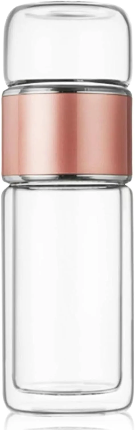 Tea InfuserBottle, 420ml/14oz Double Layer Stainless Steel Leakage Proof Glass Water Bottle Travel Water Separation Tea Bottle Mug Cup for Office Travel Home(rose gold)